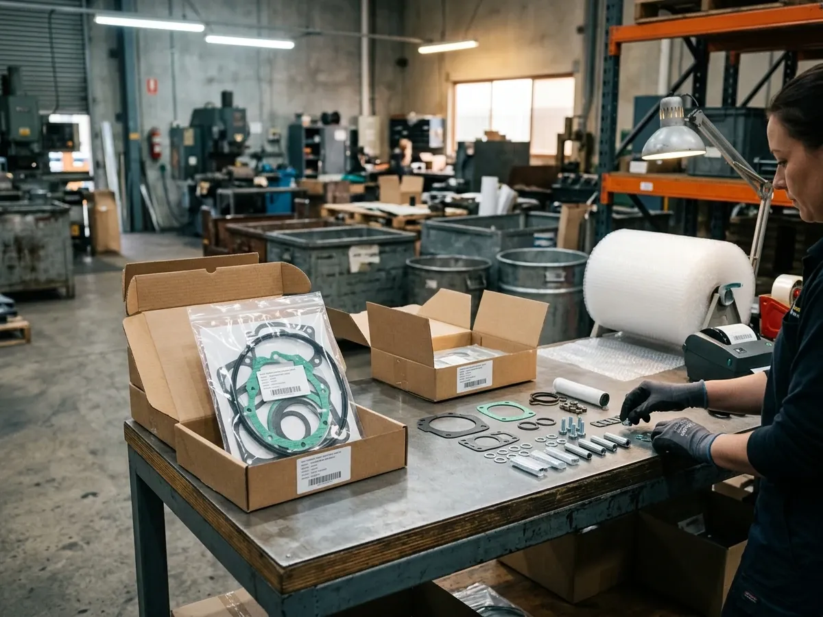 Labelled gasket kits being packed on a dispatch bench
