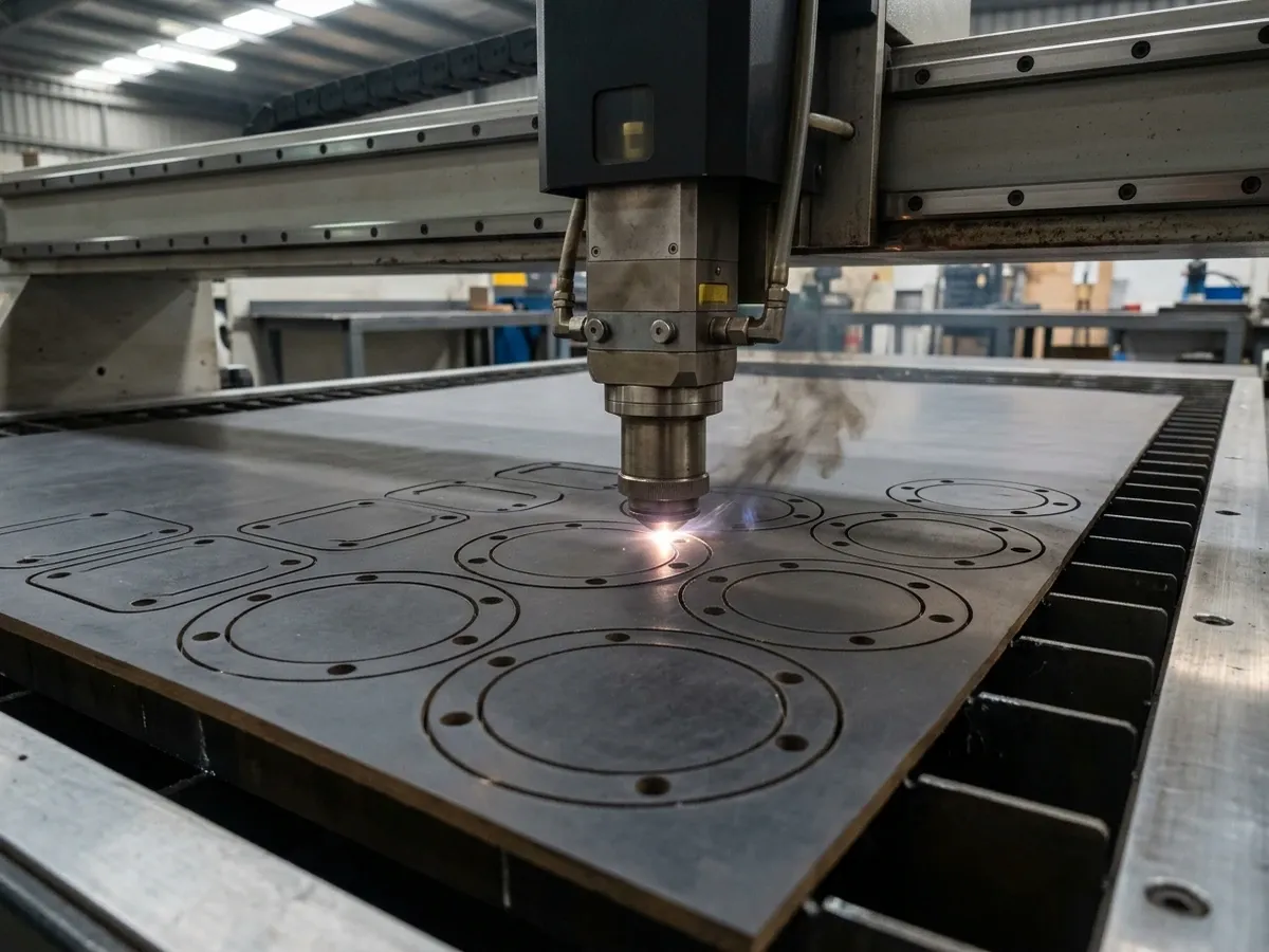 CNC laser cutting machine producing gasket shapes from sheet material