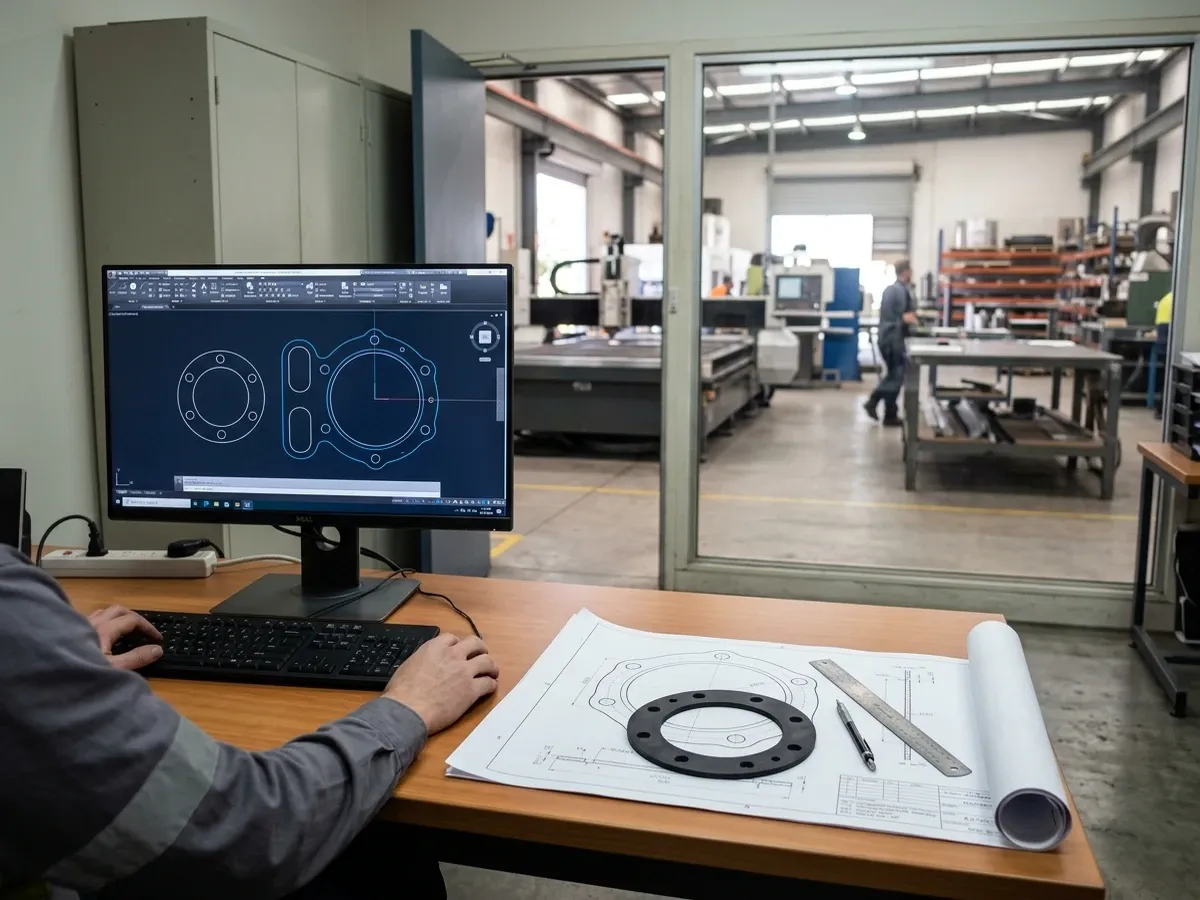 Engineer reviewing a gasket CAD drawing on a workstation