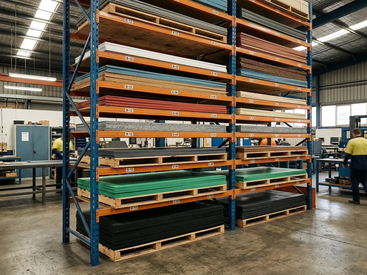 Assorted raw gasket sheet materials on a factory storage rack