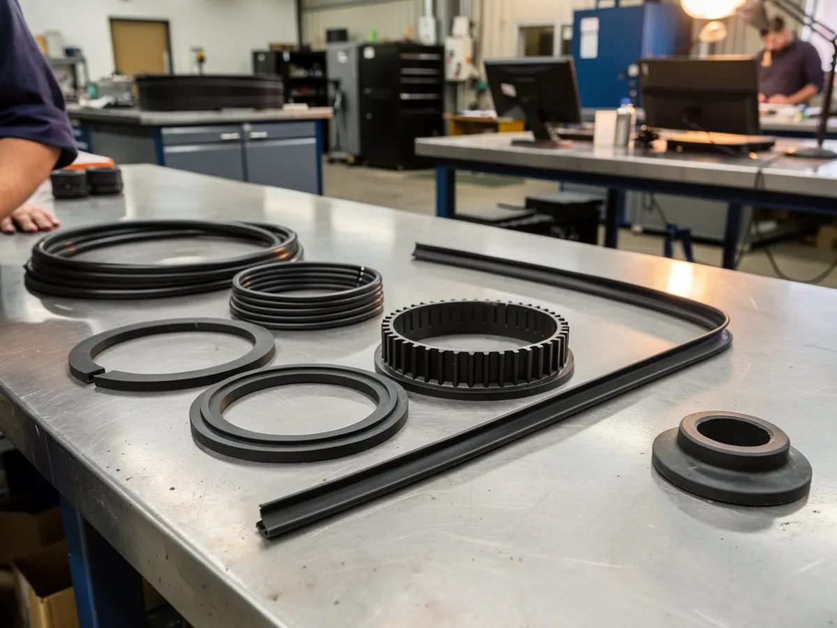 Moulded rubber gaskets and extruded sealing profiles arranged on an inspection bench