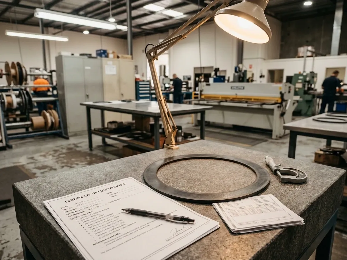 Quality inspector measuring a gasket with precision instruments