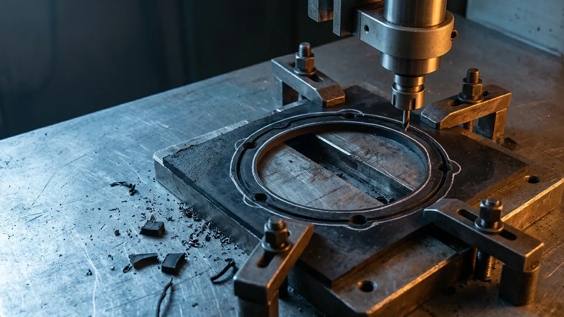 A partially cut gasket sheet on a workshop bench — work in progress