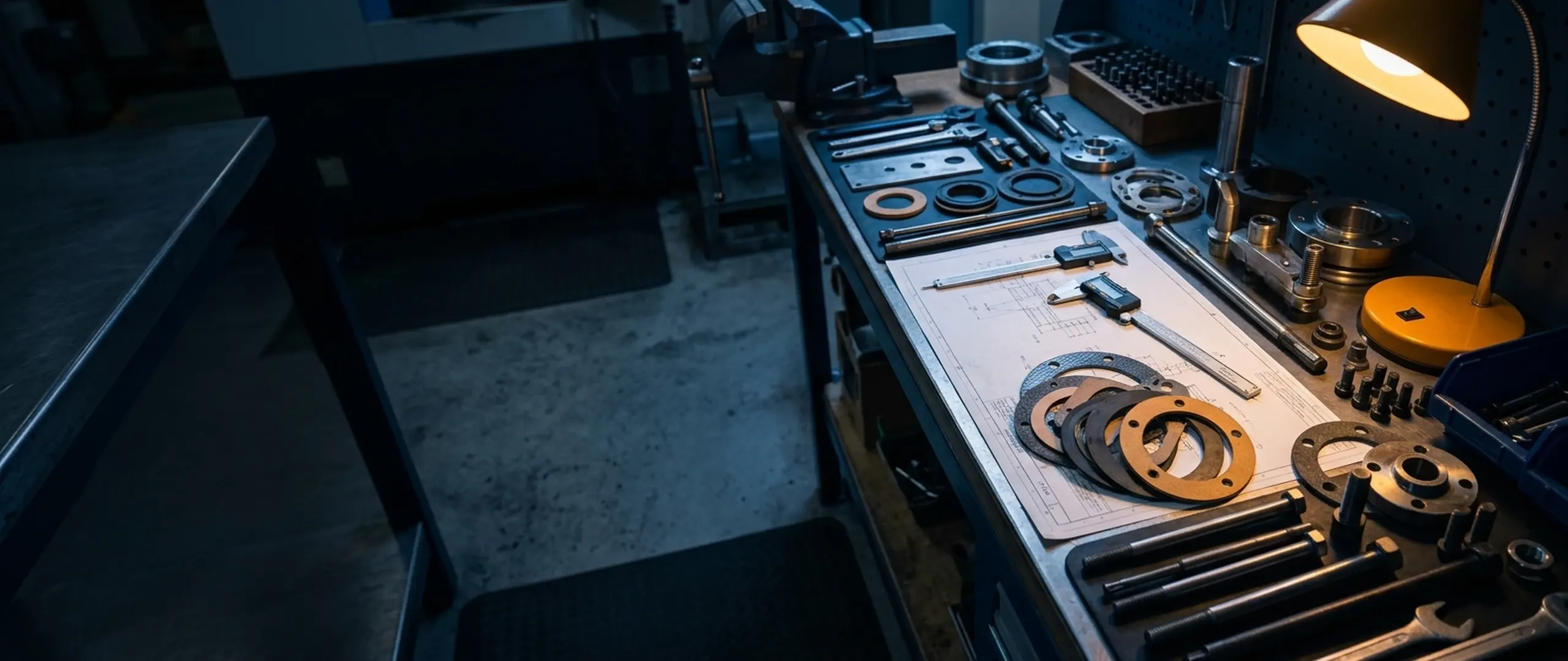Organised engineering workbench with calipers and gasket samples