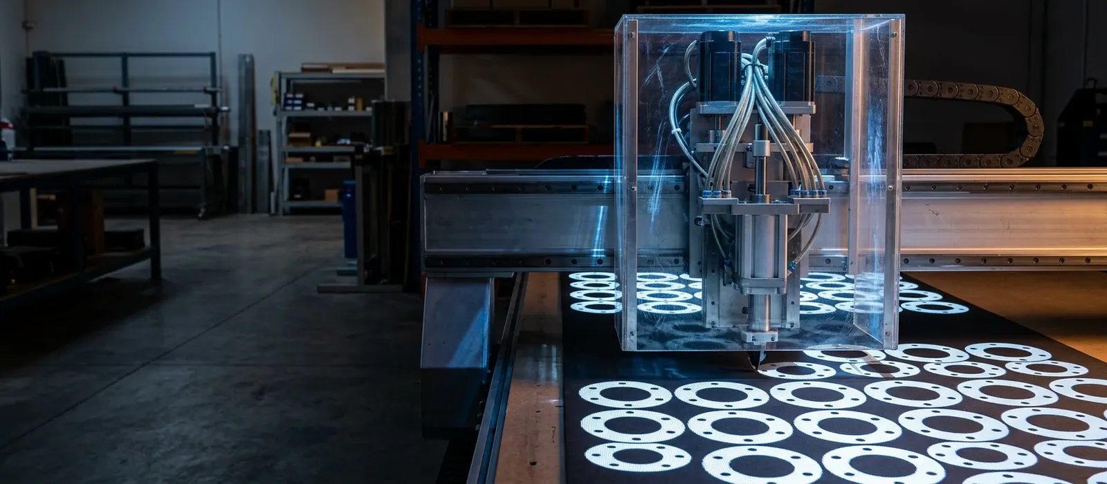 CNC cutting machine in action cutting a gasket from sheet material