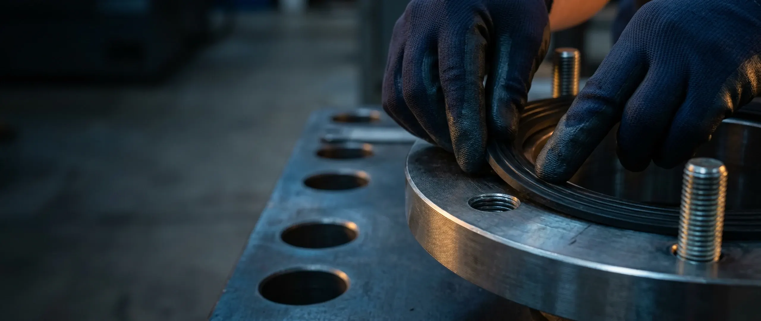 Gloved hands placing a freshly cut gasket onto a flange face
