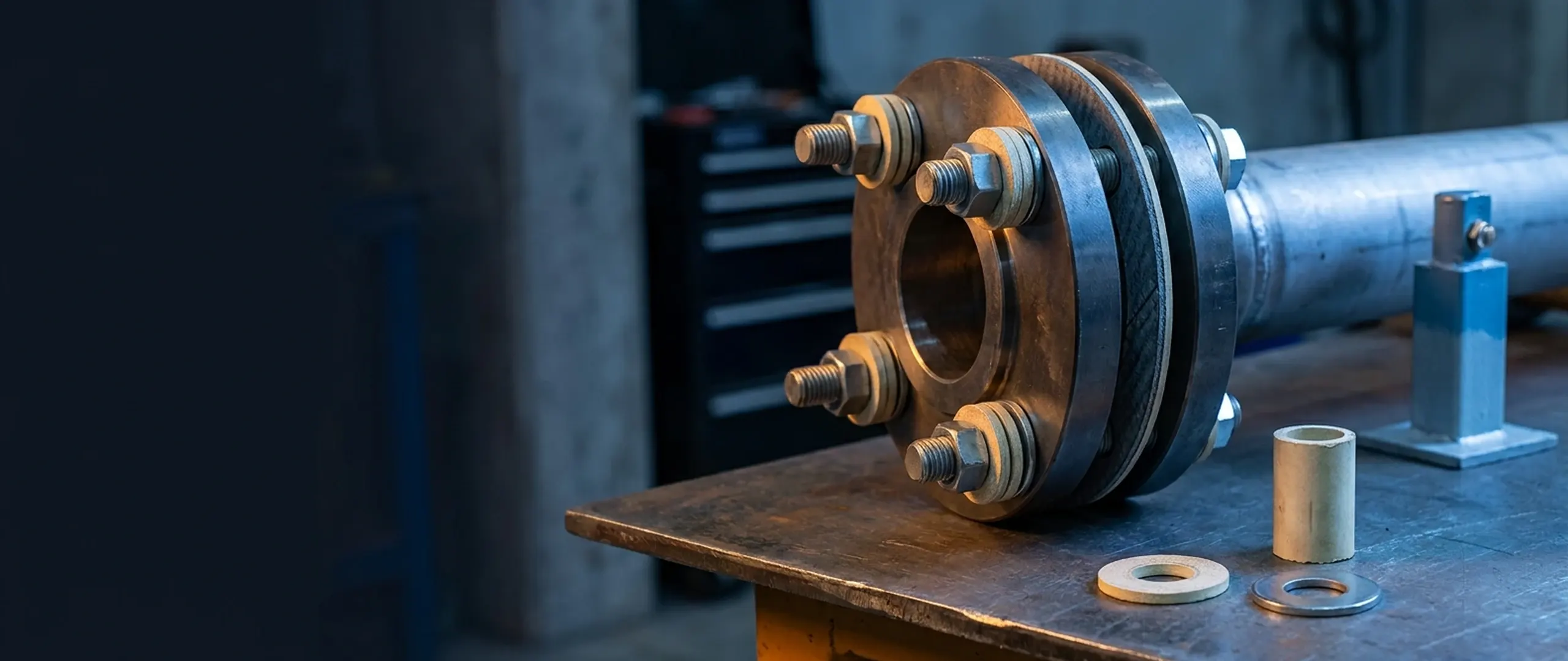 Bolted flange pair with an isolating gasket between the faces and washer stacks on each stud, beside a spare insulating sleeve and washers on a workshop bench
