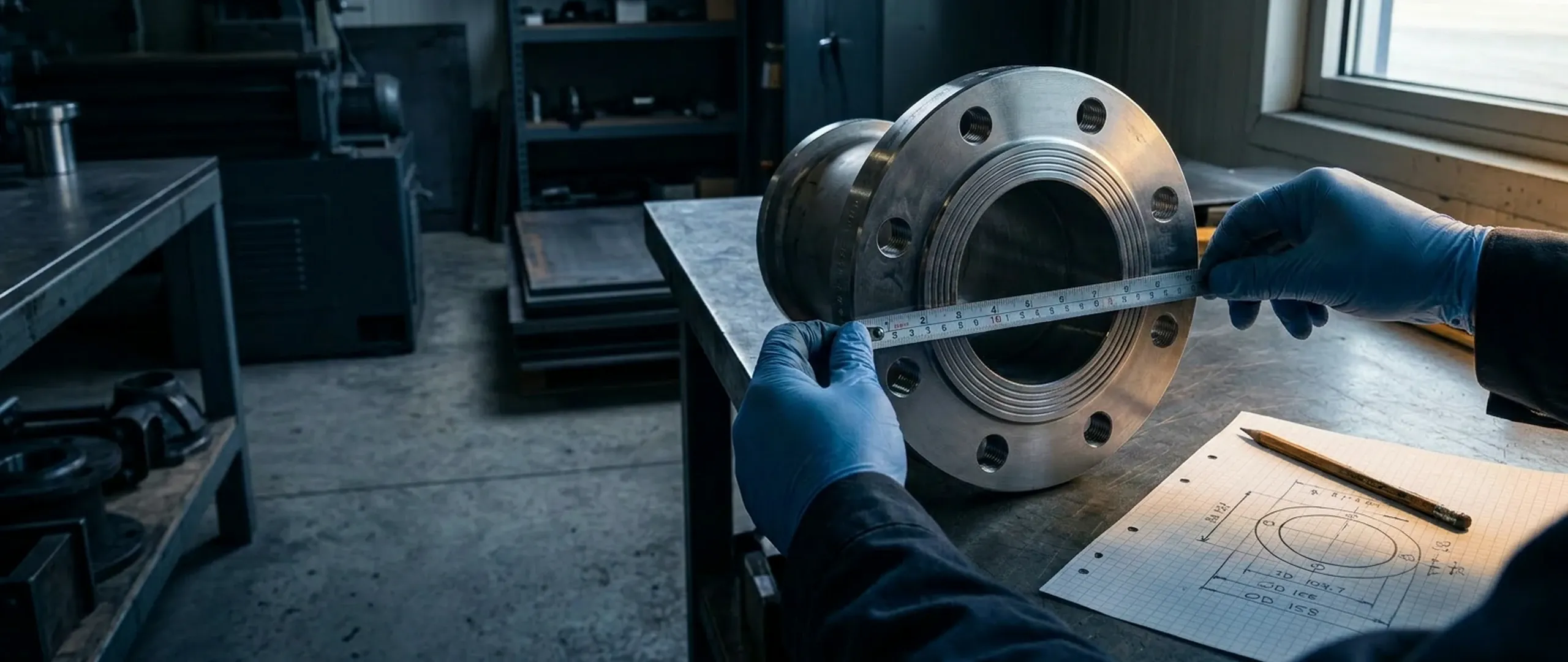 Hands in nitrile gloves measuring a pipe flange with calipers