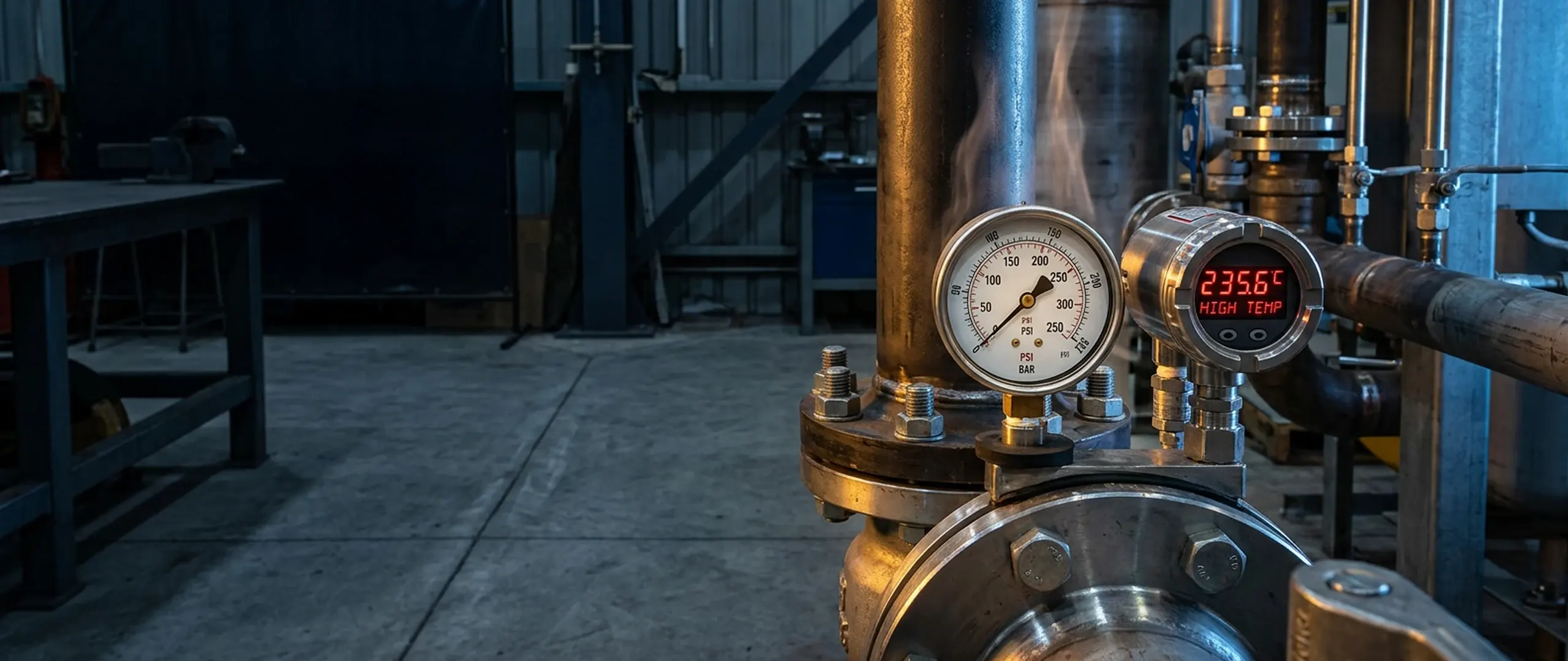 Bolted flange joint with pressure gauge on industrial piping