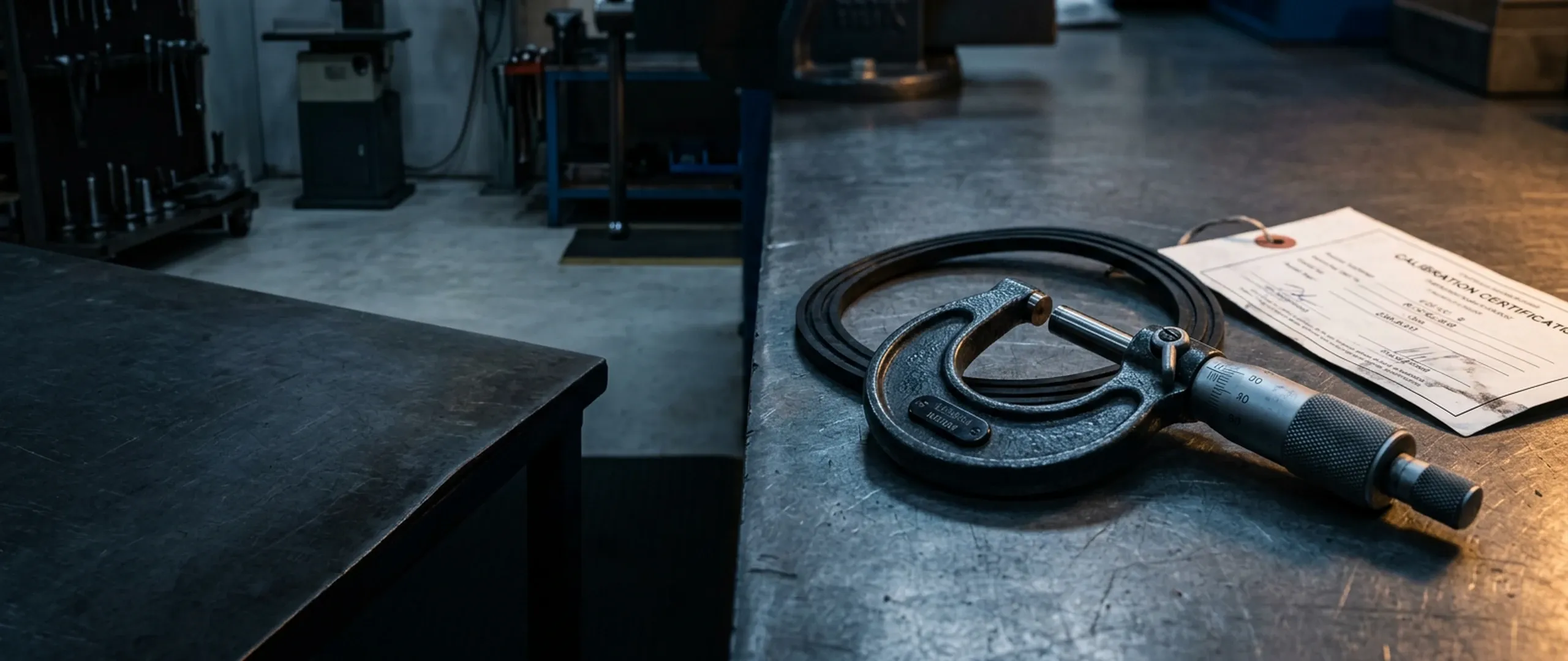 Micrometer measuring gasket thickness on a precision inspection bench