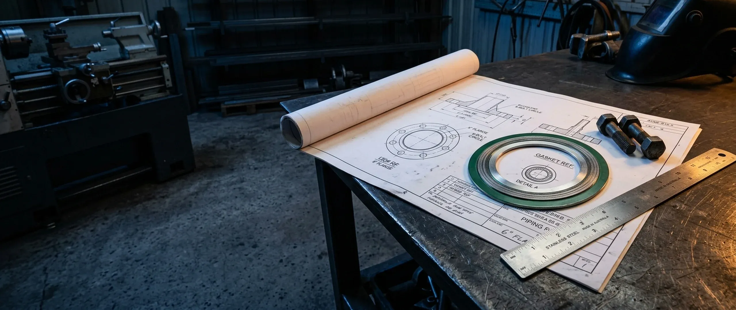 Technical drawing with ruler and spiral wound gasket on a steel bench