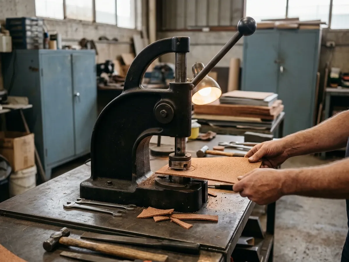 Manual arbour press at a workbench, representative of bench tooling