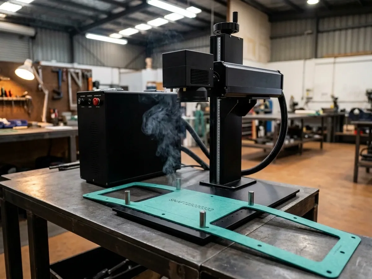 Benchtop engraving laser marking a stainless steel gasket