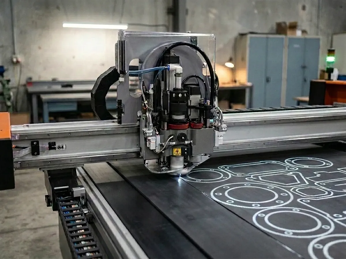 CNC knife cutter cutting an elastomer sheet