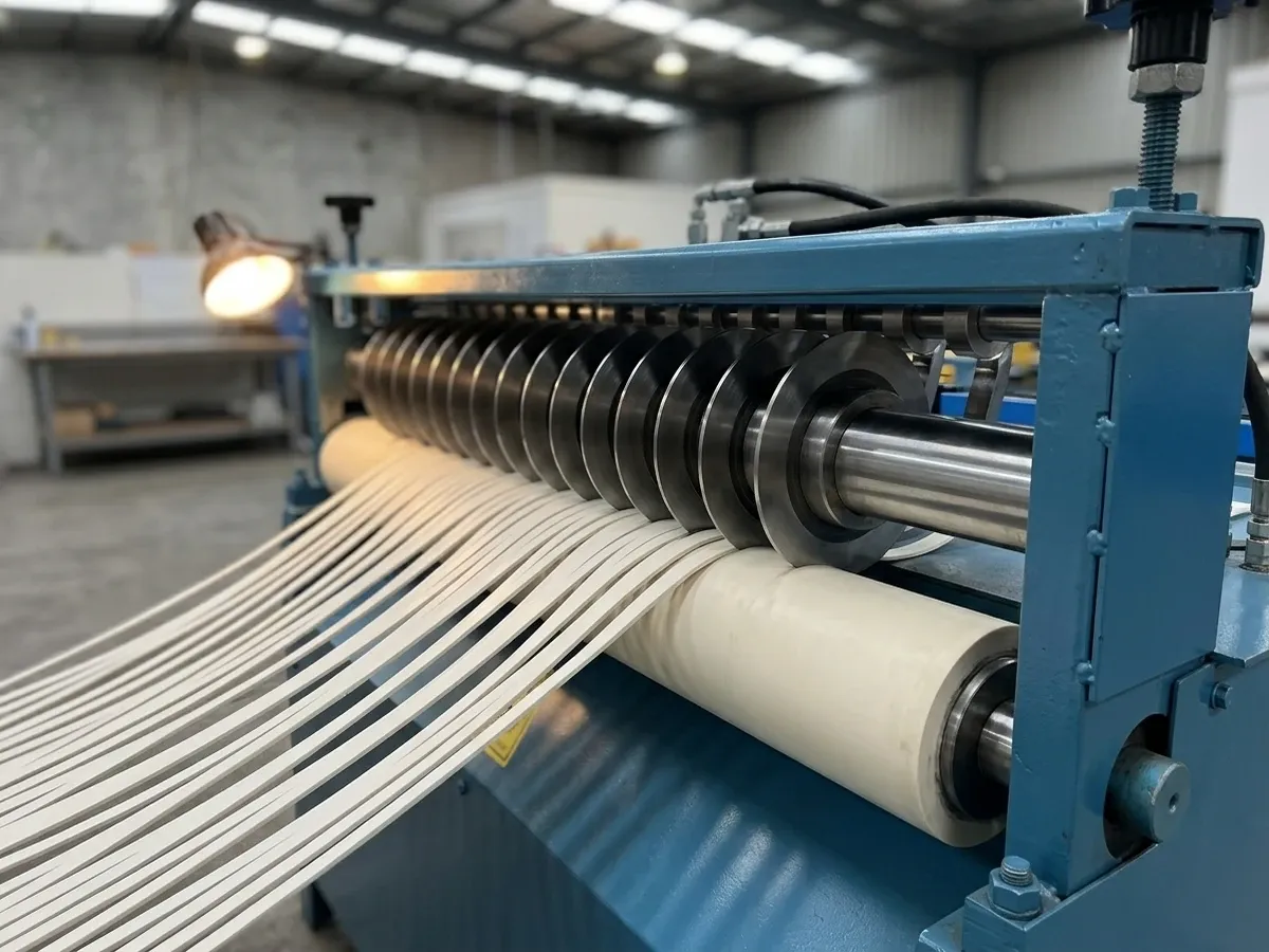 Rotary slitter splitting a wide rubber sheet into narrow strips