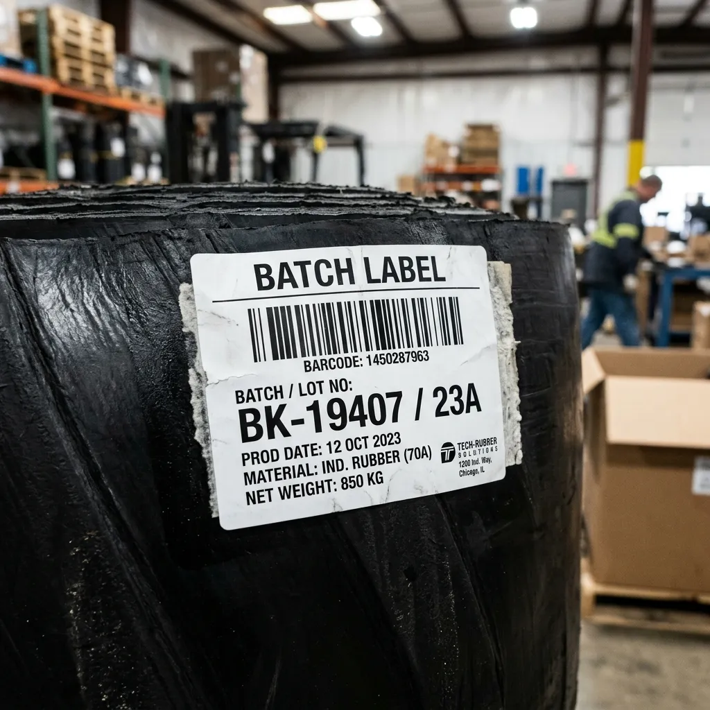 Close-up of a batch identification label with lot number attached to a roll of rubber sheet material