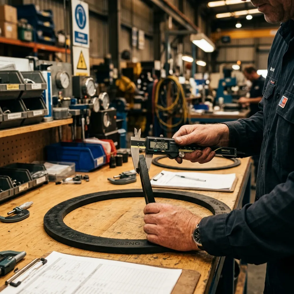 Technician using a digital caliper to measure a rubber ring gasket on an inspection bench