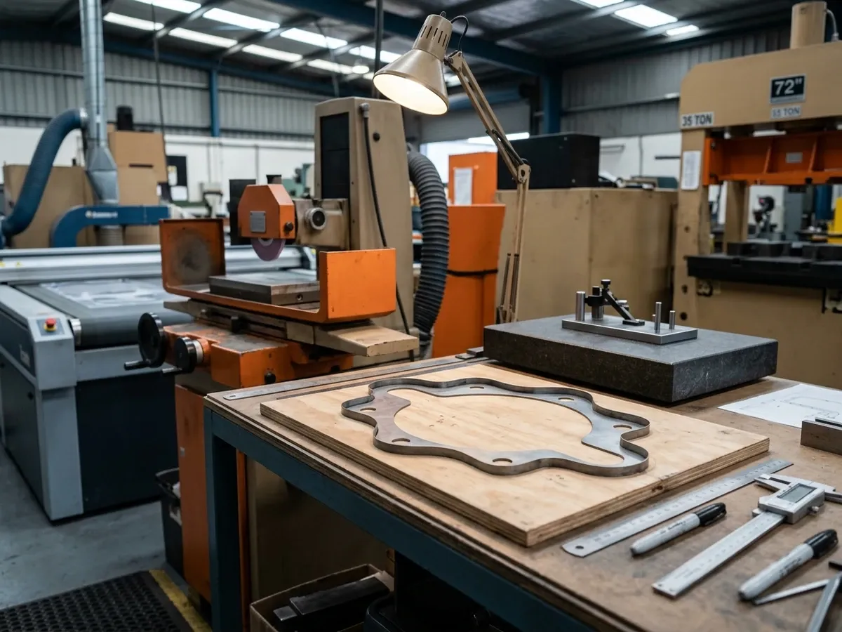 Workshop bench with custom dies, templates, and measurement jigs